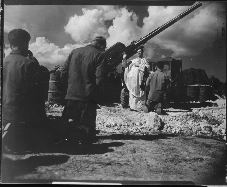 File:Chaplain Dennis Murphy celebrates mass for the men of 65th AAA Battalion, at Bolo Point, Okinawa. - NARA - 531413.tif