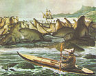 Die "Rurik" liegt vor der Insel Sankt Paul in der Beringsee. Gezeichnet vom Expeditionsteilnehmer Louis Choris im Jahr 1817