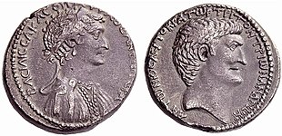 Cleopatra and Mark Antony on the obverse and reverse, respectively, of a silver tetradrachm struck at the Antioch mint in 36 BC Cleopatra Tetradrachm Antiochia.jpg