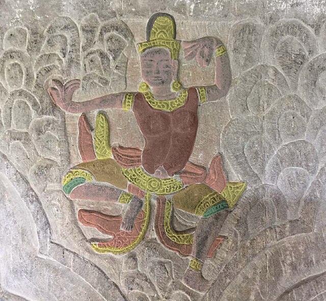 Colorized bas-relief showing a dancing figure in Angkor Wat (12th century)