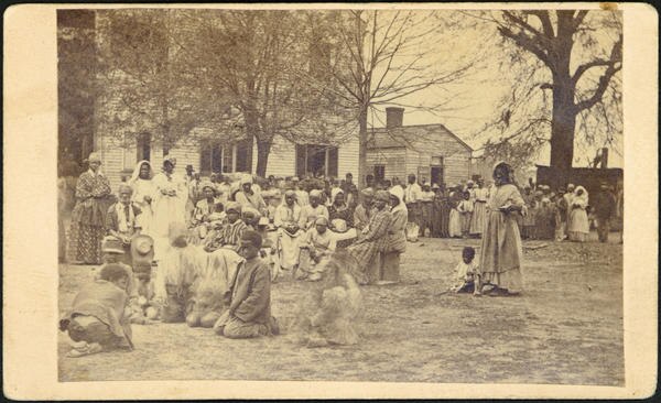 Contraband camp, Baton Rouge, circa 1863, buildings formerly used as a Female Seminary; image ascribed to McPherson & Oliver (LSU Libraries item 13940