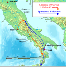 The events of early 71 BC. Marcus Licinius Crassus takes command of the Roman legions, confronts Spartacus, and forces the rebel slaves to retreat through Lucania to the straits near Messina. Plutarch says this occurred in the Picenum region, while Appian places the initial battles between Crassus and Spartacus in the Samnium region. CrassusSpartacus.png
