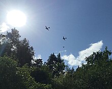 PH-PBA Prinses Amalia and Swedish SE-CFP "Daisy" above Stockholm, August 2017 DC-3 Daisy and Prinses Amalia cropped.jpg