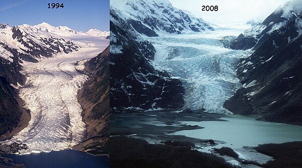 Davidson Glacier, Alaska. There is a glacier-fed lake in addition to the formation of a small channel heading in the southeast direction.