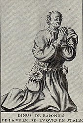 dessin représentant la statue d'un homme agenouillé et priant