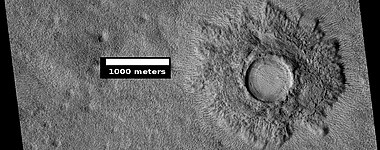 Pedestal crater, as seen by HiRISE under HiWish program The crater's ejecta protected the underlying ground from eroding.