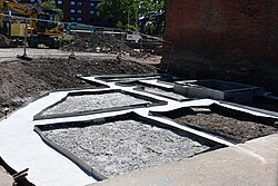 Foundations beginning to take shape ahead of the reconstruction of the Grade II listed Earl de Grey pub on Myton Street, Kingston upon Hull.