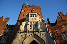 The Grade II listed Tower and main building, demonstrating the architectural theme of a large number of the buildings on campus. Epsom College main building.jpg