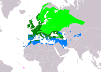 Saharqush tarqalish hududi (och yashil- yozgi mavsum, to'q yashil - yil davomida, ko'k - qishlash hududi)