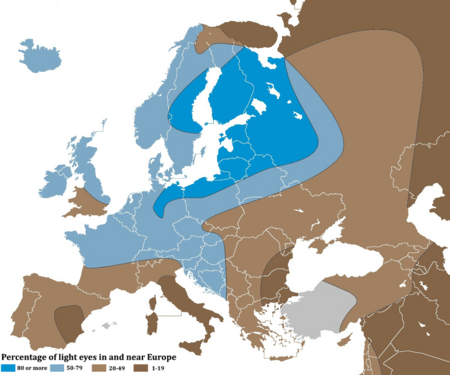 Gaišas acu krāsas izplatība Eiropā un tās tuvumā, pēc antropologa Roberta Frosta novērtējuma.[3]
