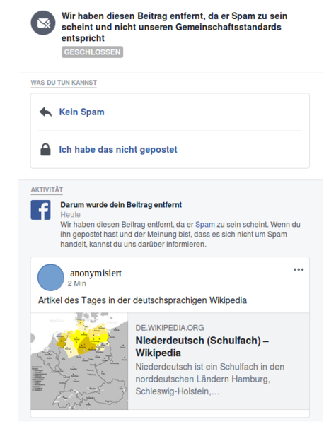 File:Facebook- WP-Artikel Niederdeutsch (Schulfach) als „Spam“ markiert.png