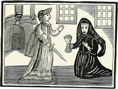 Le choix du couteau ou du poison. (Illustration d'un livre de colportage anglais du XVIIe siècle.)