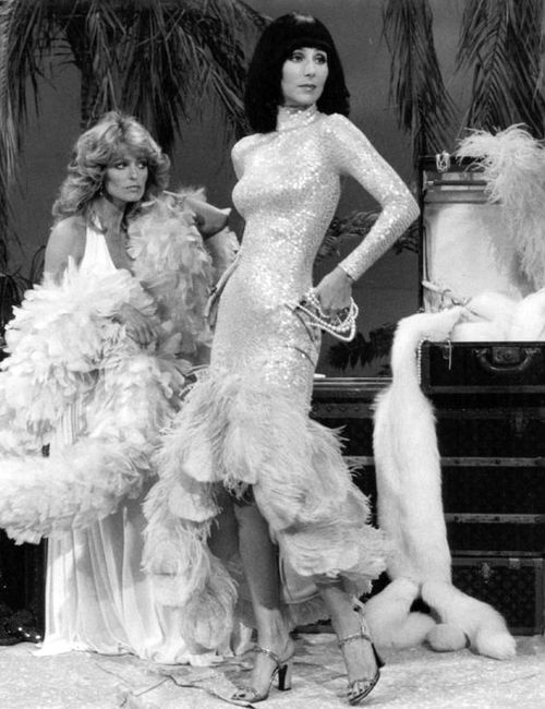 Fawcett (left) with Cher on The Sonny & Cher Show in 1976