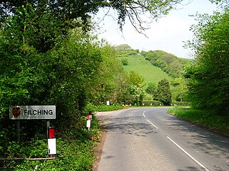 Знак Філчінг, як видно на під'їзді до хутора з Джевінґтона