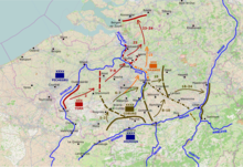 The Allied retreat northwards after the battle of Fleurus. The numbers represent the approximate dates in July during which each stage of the retreat was conducted.
York's British-paid troops
Coburg's Austrian troops
Orange's Dutch troops separating from the main Austrian army
Pichegru and Jourdan's French troops FlandersRetreat.png
