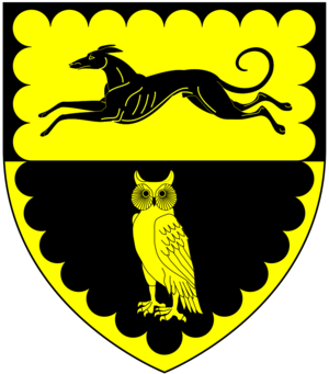 Arms of Ford of Nutwell: Party per fesse or and sable, in chief a greyhound courant in base an owl within a bordure engrailed all counter-changed FordOfNutwellDevonArms.PNG