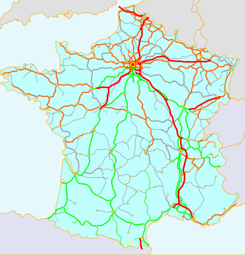 Spoornet in Frankrijk. Rode lijnen = LGV (25 kV), Oranje lijnen = 25 kV, Groene lijnen = 1,5 kV, Grijze lijnen = Geen elektrificatie, Gele lijnen = Meterspoorlijnen, Dunne lijnen = Enkelspoorlijnen, Dikkere lijnen = Dubbelspoor