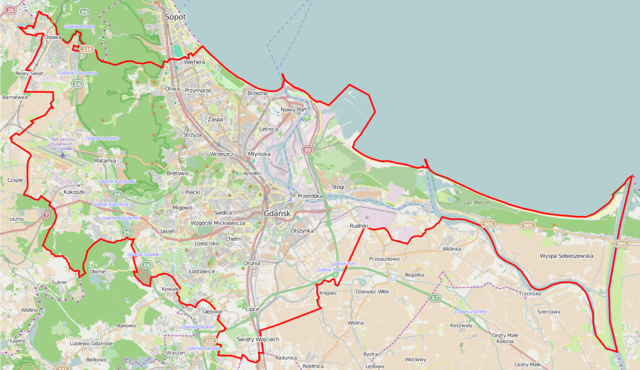 Mapa konturowa Gdańska, w centrum znajduje się punkt z opisem „ulica Długi Targ”