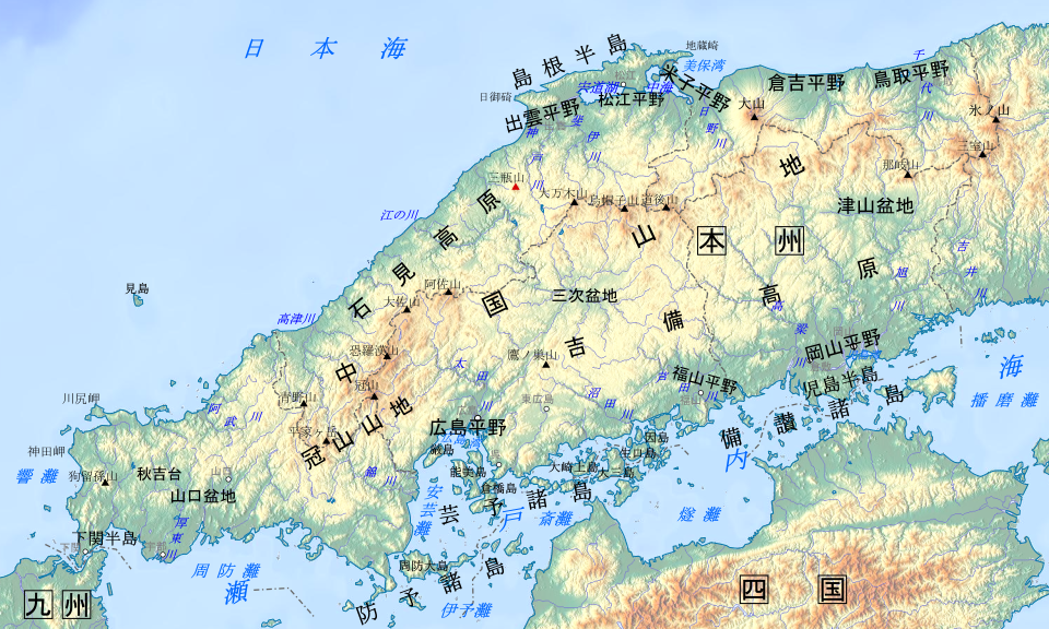 地形図。"那岐山"のすぐ下が広戸風が生じる地域。