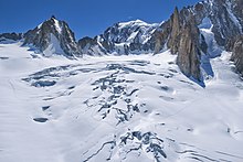 View across crevasse field of the Géant Glacier, looking towards the Tour Ronde and Mont Blanc, July 2010