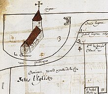 Sketch of the church and surroundings in 1690 Gollion Eglise MA.jpg