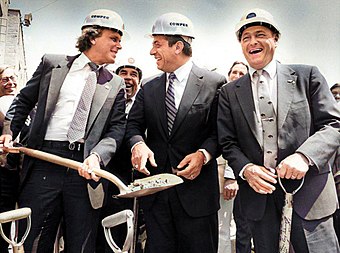 Groundbreaking of Pilot Field in July 1986. From left to right: Buffalo Bisons owner Robert E. Rich Jr., Governor Mario Cuomo and Buffalo Mayor James D. Griffin.