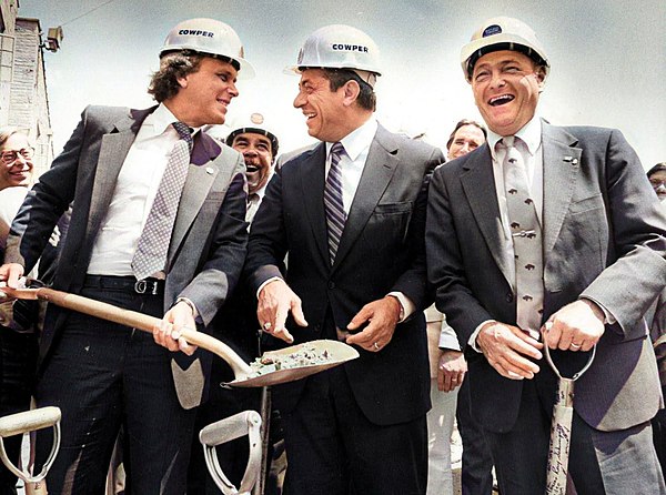 Groundbreaking of Pilot Field in July 1986. From left to right: Buffalo Bisons owner Robert E. Rich Jr., Governor Mario Cuomo and Buffalo Mayor James 