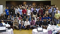 A Hackathon (attendees pictured) was held in concurrently with the conference Hackathon Mumbai 2011 Groupshot.jpg