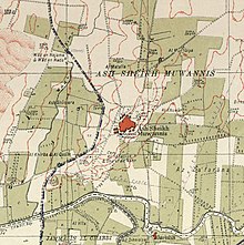 Tel Qasile (the small hill in the bottom left square) shown in a 1940s Survey of Palestine map of the village lands of al-Shaykh Muwannis Historical map series for the area of al-Shaykh Muwannis (1940s).jpg