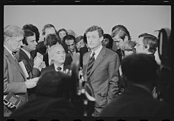 Judiciary Committee Chairman Rodino (center-left) and Special Counsel Doar speaking with reporters, January 24, 1974 House Judiciary Committee on Impeachment - Rodino & Doar.jpg