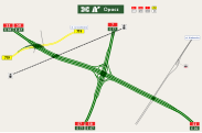 Schema des Knotens Warszawa-Opacz, bestehend aus einem Autobahnkreuz, einer vollständigen und einer teilweisen Anschlussstelle