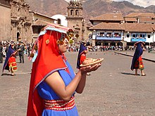 Inti Raymi, a winter solstice festival of the Inca people, reveres Inti - the sun deity. Offerings include round bread and maize beer. Inti Raymi2.jpg