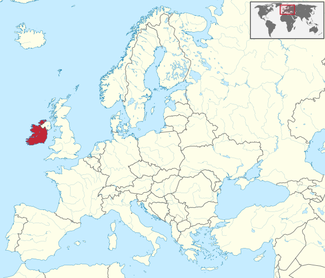 Carte administrative de l'Europe, montrant l'Irlande en rouge.