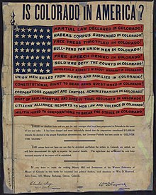 The poster "Is Colorado in America?" with its American flag, with signature by Charles Moyer (bottom, left), which led to Moyer's arrest in 1904 and the Supreme Court case of Moyer v. Peabody. Is Colorado in America.jpg