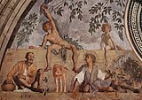 Времена года. Вертумн и Помона. Деталь фрески на вилле Медичи в Поджо-а-Кайано (правая часть люнета). 1520—1521