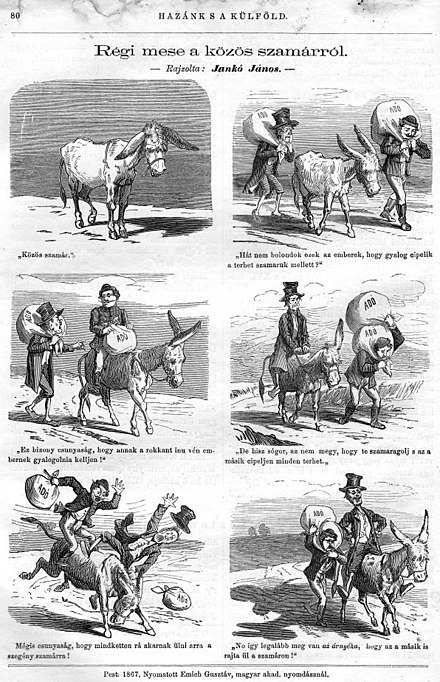 A János Jankó sequentially illustrated story in a Hungarian news journal, 1867.