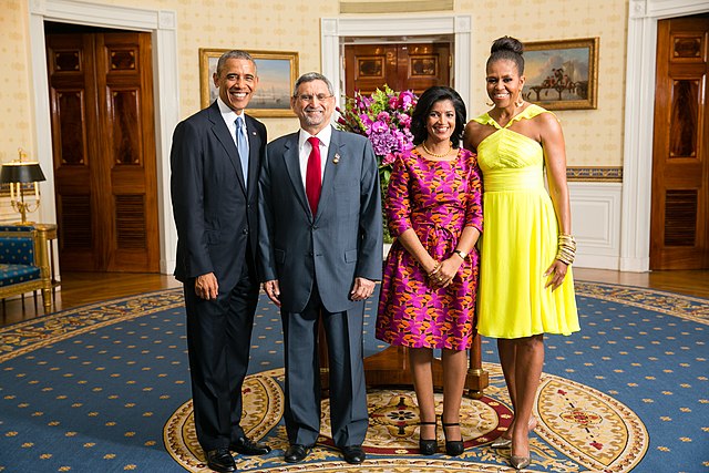 Cape Verdean President Jorge Carlos Fonseca and Lígia Fonseca meet with US President Barack Obama and Michelle Obama in 2014.