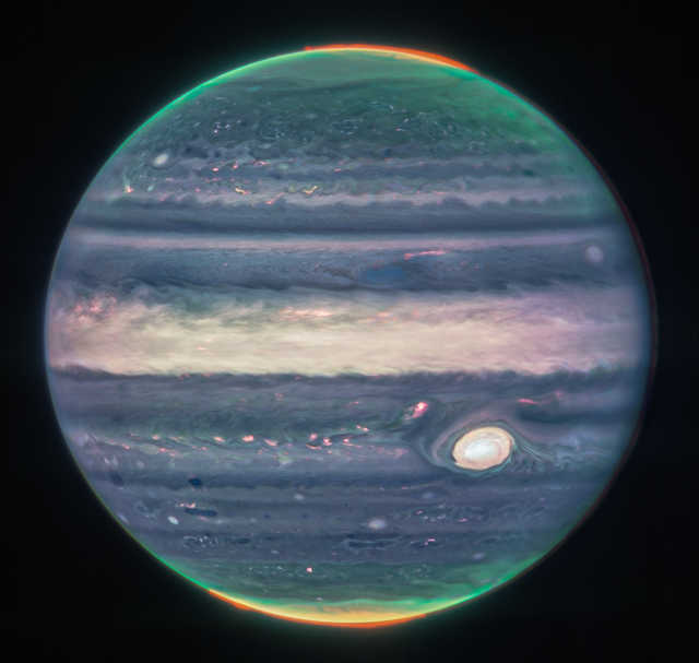צדק בתצלום באור תת-אדום, צולם על ידי טלסקופ החלל ג'יימס וב, אוגוסט 2022