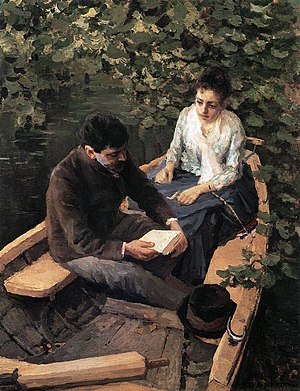 Konstantin Alexejewitsch Korowin: Im Boot. Selbstbildnis und Porträt der Künstlerin M. Jakuntschikowa, 1888