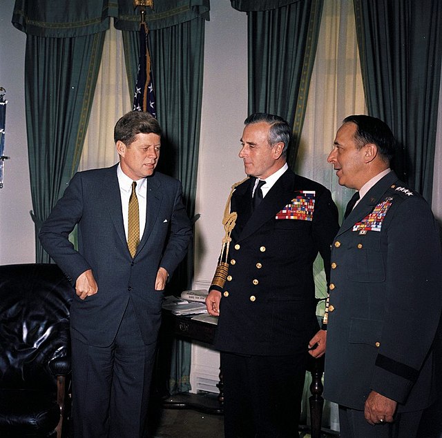Chairman of the Joint Chiefs of Staff General Lyman Lemnitzer with President John F. Kennedy and British Chief of the Defense Staff Admiral Lord Louis