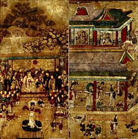 Joseon dynasty Korean painting "Yoji yeondo" (yojiyeondo(Yao Chi Yan Tu )
), depicting King Mu of Zhou visiting the Queen Mother at the Yaochi (Yoji) in the mythical Kunlun Mountain. King Mu of Zhou & Queen Mother of the West.jpg