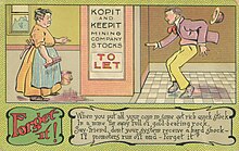 A 1910 postcard showing an investor's shock at "Kopit and Keepit Mining Company Stocks" having vacated their premises Kopit and Keepit Mining Company Stocks - Postcard.jpg