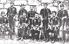 Imperial Japanese Army officers of the Kumamoto garrison, who resisted Saigo Takamori's siege, 1877 KumamotoSoldiers1877.jpg