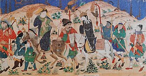 Lady travelling. Samarkand or Central Asian painting, circa 1400. Possibly depicting the wedding of Timur with Dilshad Aqa in 1375. Lady travelling. Samarkand or Central Asia circa 1400. Possibly depicting the wedding of Timur with Dilshad Aqa in 1375.jpg