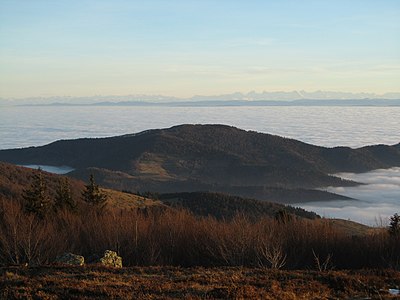 Far distance view from Storkenkopf in the vosges to the Alps during inversion