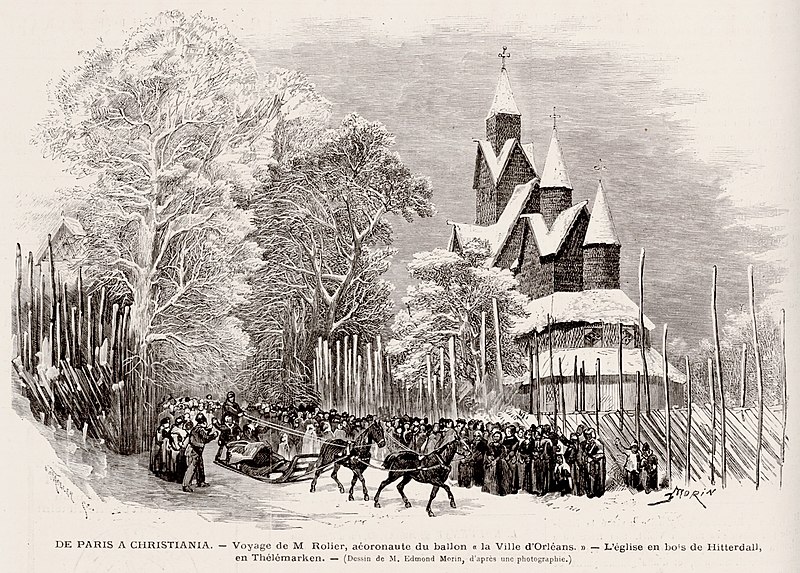 File:Le Monde illustre 1873-02-22 p128 De Paris a Christiania Voyage de M Rolier aeronaute du ballon la Ville d´Orleans L'eglise en bois de Hitterdall en Thelemarken Heddal stavkirke Balloon flight 1870 Norway Müller Morin Gallica Public.jpg