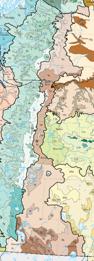 Level IV ecoregions in the Eastern Cascades Slopes and Foothills in Washington and Oregon. Contiguous areas in California have not been mapped yet. (Full map). Level IV ecoregions, Eastern Cascades.png