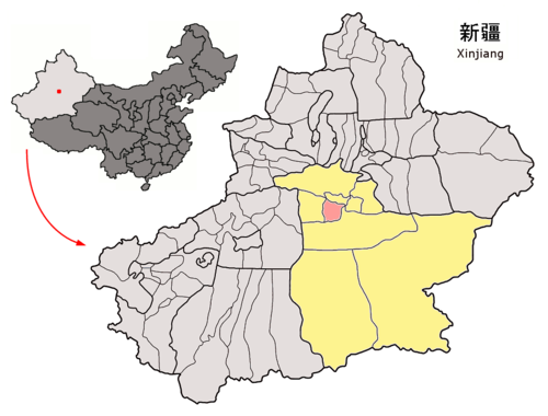 Location of Korla City (pink) in Bayingolin Prefecture (yellow) and Xinjiang
