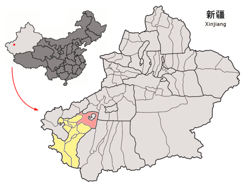 Location of the county (red) within Kashgar Prefecture (yellow) and Xinjiang