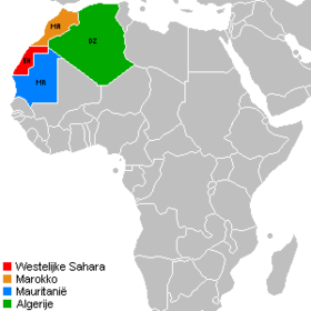 المغرب (البُرتُقالي)، الصحراء الغربية (الأحمر)، موريتانيا (الأزرق)، الجزائر (الأخضر)